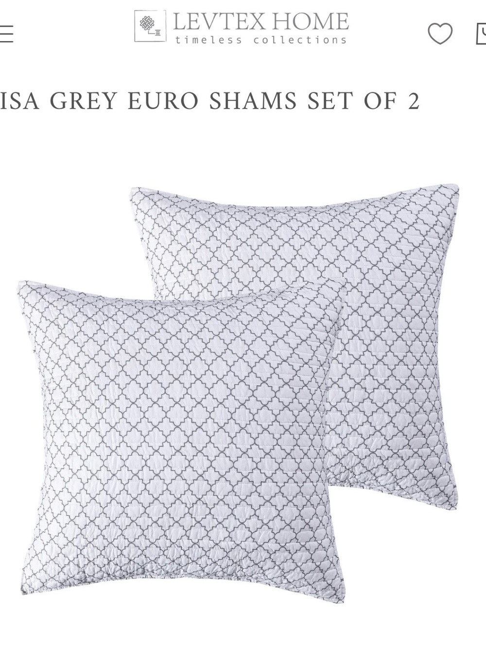 Levtex White and Grey Trellis Euro Shams - Set of 2 🩶🤍 100% cotton